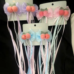 Mollette per capelli con fiocco di pesca e nappe di perle, accessori dolci per capelli.