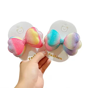 Mollette per capelli con fiocco glitterato sfumato doppio strato accessori colorati