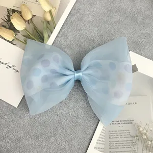 Cute blue organza polka dot hair bow clip for girls, sweet bowknot hair accessories.