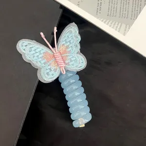 Children embroidery butterfly phone wire hair rope, cute blue hair tie for girls ponytail.