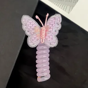 Cute embroidered butterfly phone wire hair tie for girls, elastic hair band accessory.