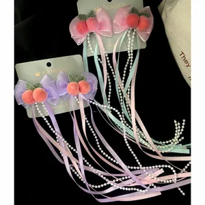 Mollette per capelli con fiocco, pesca in peluche e lunghe nappe di perle, simpatici accessori Hanfu.