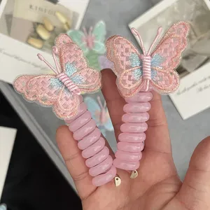 Pink butterfly telephone wire hair ties for kids, cute elastic ponytail hair accessories.