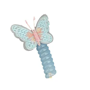 Kids embroidered butterfly telephone wire hair tie cute blue ponytail hair accessory