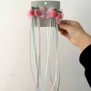 Dolci fermagli per capelli con fiocco di pesca rosa e lunghe nappe di perle per Hanfu.