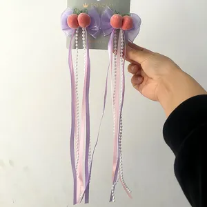 Dolci mollette per capelli con fiocco viola, decoro pesca e nappe di perle per stile Hanfu.