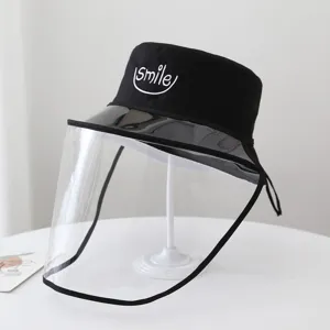Black bucket hat with clear face shield, windproof and anti-oil splash design for kitchen use.