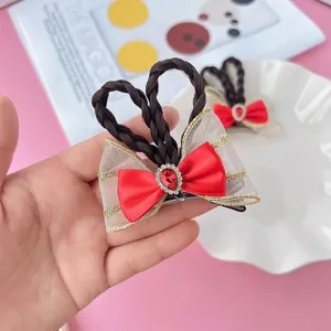 Cute girls bow hair clip braided hair red rhinestone mesh ribbon children hair accessories