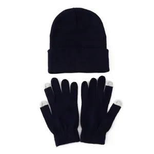 Donkerblauwe gebreide muts en touchscreen handschoenen set, eenvoudige winterkleding