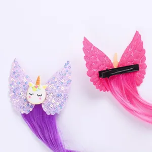 Children cartoon unicorn wing hair clips with colorful wig extensions for cute girls.