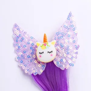 Kids cartoon unicorn wig hair clip with purple sequin wings and long hair accessory for girls