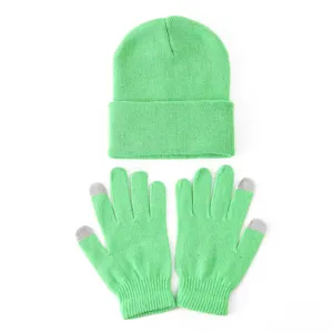 Fluorescerend groene gebreide muts en touchscreen handschoenen set voor winter.