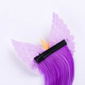 Children cartoon unicorn wing hair clip with purple wig extension for girls party hair accessories