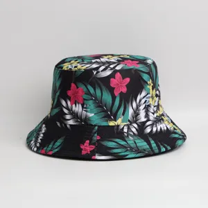 Chapeau bob noir à imprimé de feuilles tropicales, chapeau de soleil élégant pour l'été.
