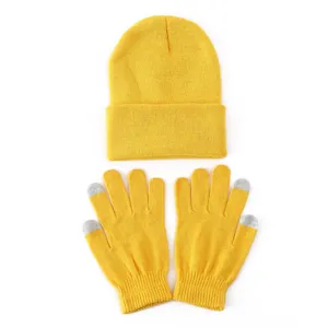 Neon gele gebreide muts en touchscreen handschoenen set voor dagelijkse warme winterkleding.