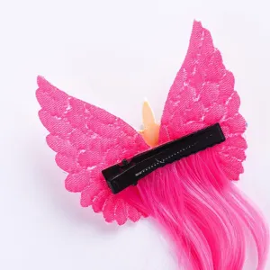Children cartoon unicorn wing hair clip with bright pink hair extension and alligator clip.
