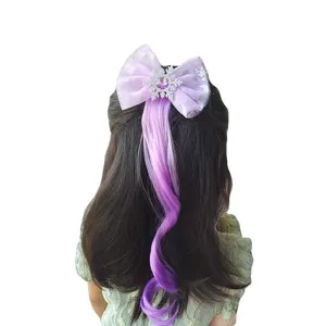 Kids purple bow hair clip with snowflake crystal and colorful wig braid extension for party.
