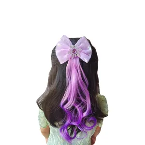 Children purple bow hair clip with gradient wig synthetic hair for festival party dress up