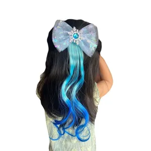 Kids wig bow hair clip with blue gradient hair extension, cute snowflake party hair accessory.