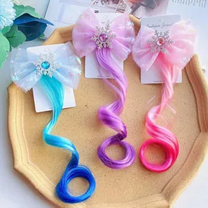 Cute Kids Colored Wig Hair Clip With Mesh Bowknot Snowflake Rhinestone Gradient Braids For Girls Princess Festival Party Hair Accessories Gift