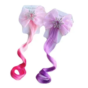 Kids colorful gradient wig hair clips with sparkling rhinestone bows for party and daily wear.