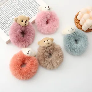 Cute plush bear hair scrunchies fluffy furry elastic hair ties for women and girls