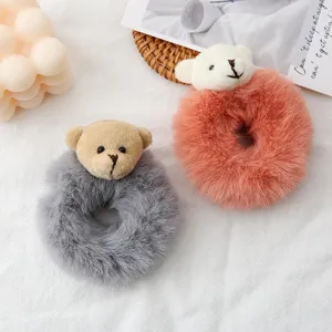 Cute plush bear hair scrunchy for women, soft fuzzy elastic hair tie sweet Korean style.