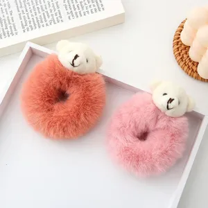 Cute plush bear hair scrunchies detail, soft fuzzy fabric and elastic band, sweet style.