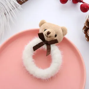Chouchou en peluche ours mignon élastique à cheveux blanc duveteux avec nœud marron