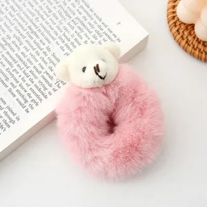 Cute pink plush teddy bear hair scrunchie fluffy fuzzy hair band accessory detail