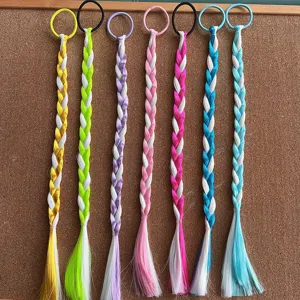 Detailed view of colorful synthetic hair braided extensions with elastic ties for DIY styling.