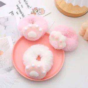 Cute plush cat paw hair scrunchies, soft fuzzy hair accessories for daily wear.