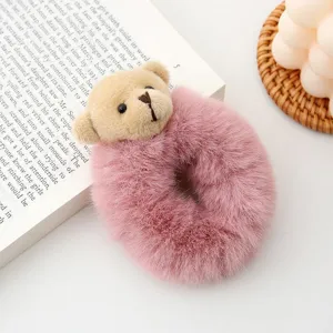 Plush teddy bear hair scrunchie detail view, cute furry hair tie accessory for women.