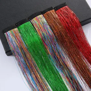 Colorful hair tinsel extensions with BB clips sparkling holographic hair strands for party.