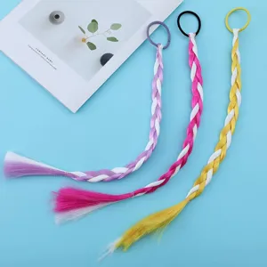 Kids colorful hair extension braids diy accessories three strand braided pigtails with rubber ties