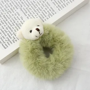 Green plush bear hair scrunchie, cute fluffy hair accessory for women and girls daily styling.