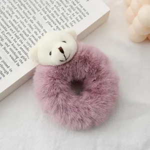Plush teddy bear hair scrunchie for women, cute fluffy ponytail holder hair accessories.