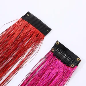 Shiny hair tinsel extensions with clips colorful laser glitter hair strands detail shot