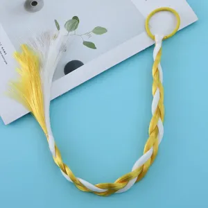 Detailed view of colorful synthetic hair braid extension with yellow and white strands and band.