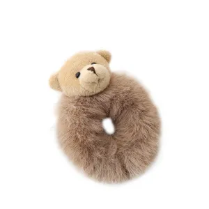 Cute plush bear hair scrunchie for women and girls, soft faux fur hair tie fashion accessory.