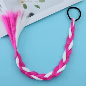 Synthetic colored hair braid extension with black rubber band, pink and white wig tie.
