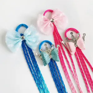 Children hair tie wig colorful braid ponytail hair accessories cute crown bow girls styling