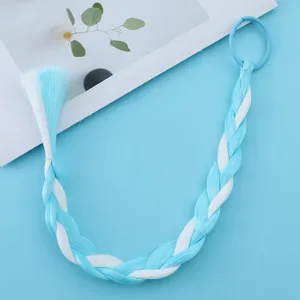 Blue and white synthetic hair braid extension with elastic hair tie for kids styling details