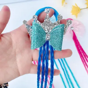 Kids hair extension braid wig rope cute crown bow hair ring colorful braid headwear for girls