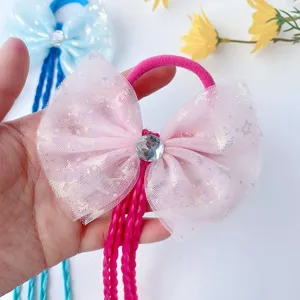 Girls pink mesh bow hair tie with colorful braided wig tails, sweet cute hair accessory