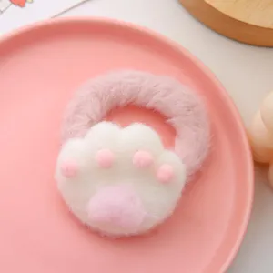 Cute plush cat paw hair tie in pink and white, soft fluffy hair scrunchie for sweet daily styles.