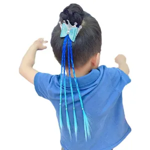 Kids blue crown bow hair extension braided wig ponytail detail view for girls cute styling