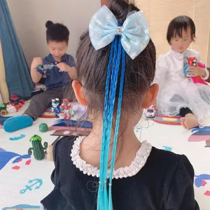 Kids wig hair bow with colorful braided ponytail extensions for cute girls daily wear.