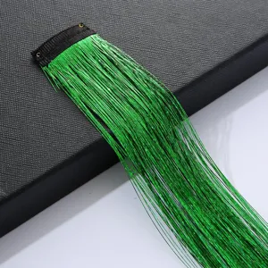 Green hair tinsel clip sparkling shimmering colorful laser hair extension piece fine details