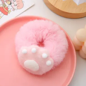 Pink plush cat paw hair scrunchie, cute fuzzy animal claw hair tie for women and girls.